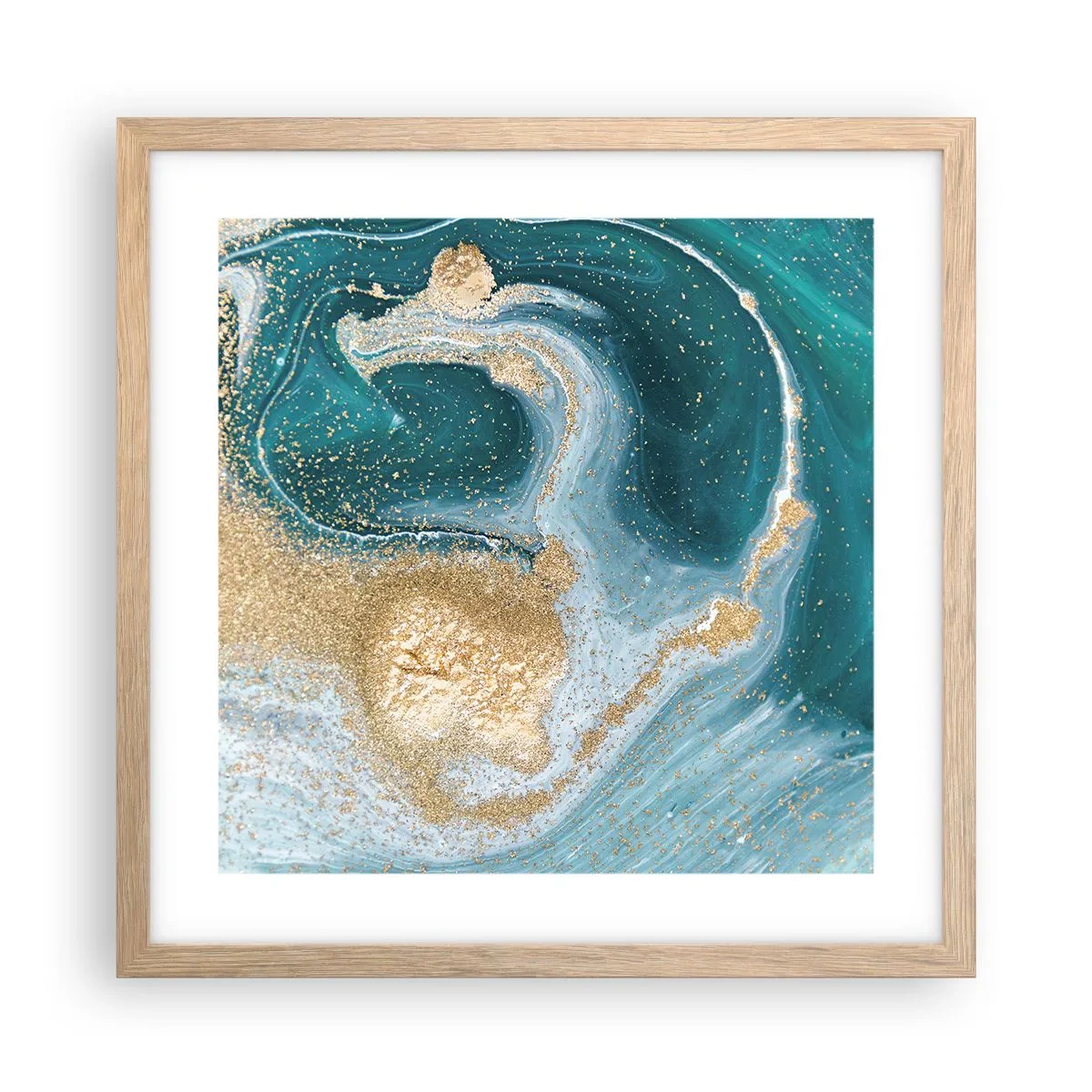 Poster în ramă de stejar deschis - Vârtej de aur și turcoaz - 40x40 cm