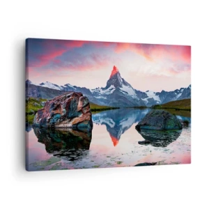 Tablou pe pânză Canvas - Un vârf de munte reflectat într-un lac la apus - 70x50cm - Inima munților este fierbinte - Decorațiune modernă pentru perete pentru living și dormitor ARTTOR