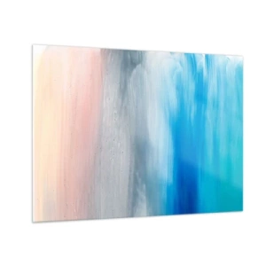 Tablou pe sticlă - Dungi verticale de culori pastelate și albastre într-un stil abstract. - 70x50cm - Elemente: aer - Decorațiune modernă pentru perete pentru living și dormitor ARTTOR