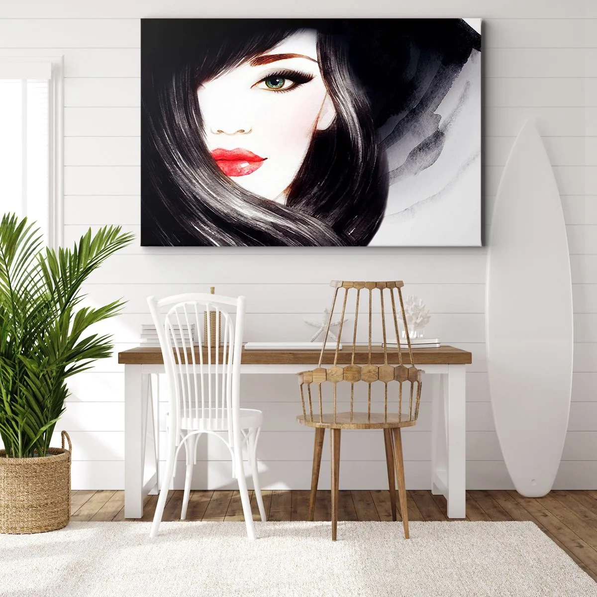 Tablou pe pânză Canvas - Portretul unei femei cu o privire expresivă și buze roșii - 70x50cm - Privirea de safir - Decorațiune modernă pentru perete pentru living și dormitor ARTTOR