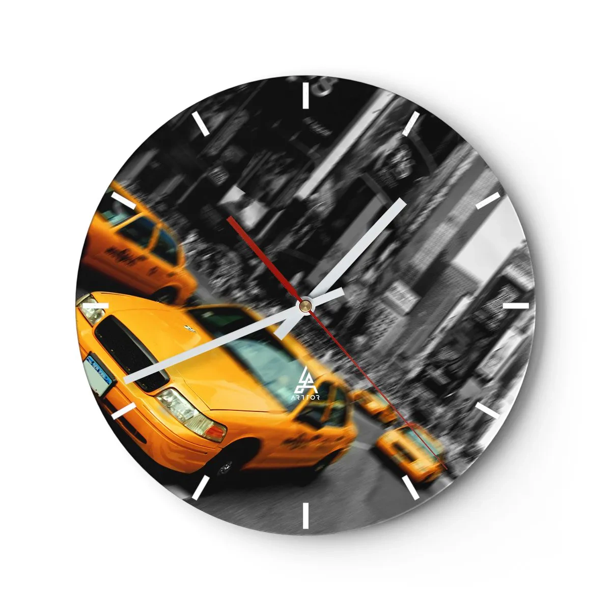 Ceas de perete - Ceas pe sticlă - Taxiuri galbene pe o stradă din New York, în fundal - 30x30cm - Picături de soare la New York - Decorațiune modernă pentru perete pentru living, bucătărie și dormitor ARTTOR