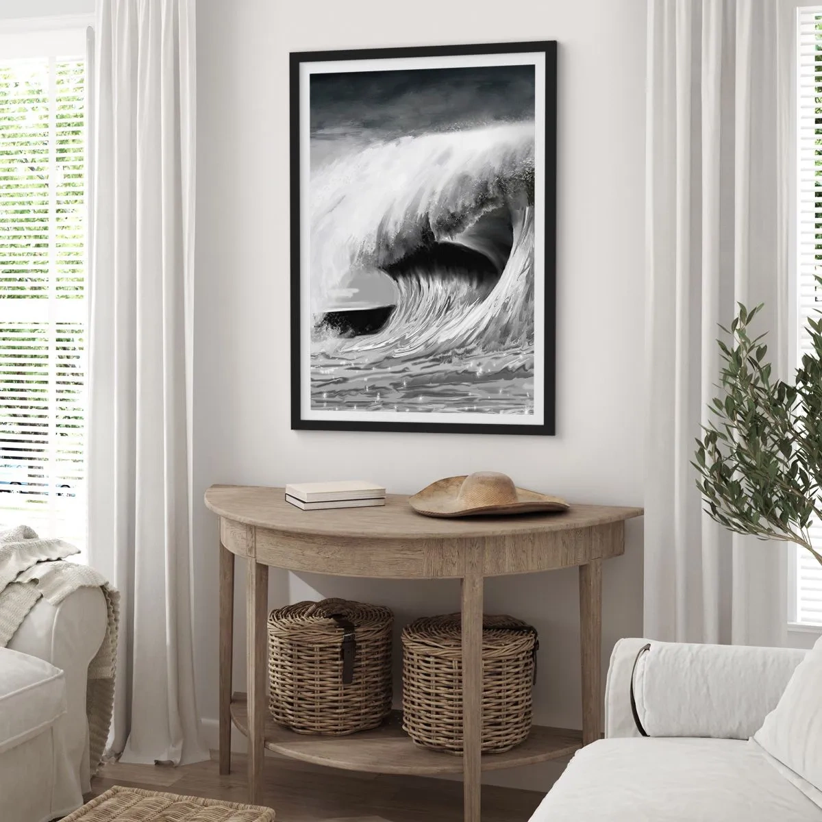 Poster în ramă neagră - Un val puternic în nuanțe de gri - 50x70cm - Mânia oceanului - Decorațiune modernă pentru perete pentru living și dormitor ARTTOR
