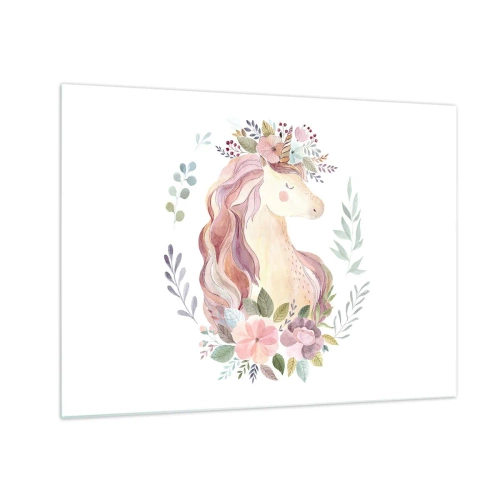 Tablou pe sticlă - Un unicorn de desene animate cu o coamă de floare pastelată - 70x50cm - O invitație în lumea basmelor - Decorațiune modernă pentru perete pentru living și dormitor ARTTOR