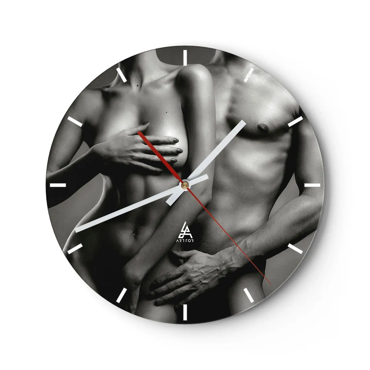 Ceas de perete - Ceas pe sticlă - Nud artistic în nuanțe de alb-negru - 30x30cm - Adam și Eva - Decorațiune modernă pentru perete pentru living, bucătărie și dormitor ARTTOR