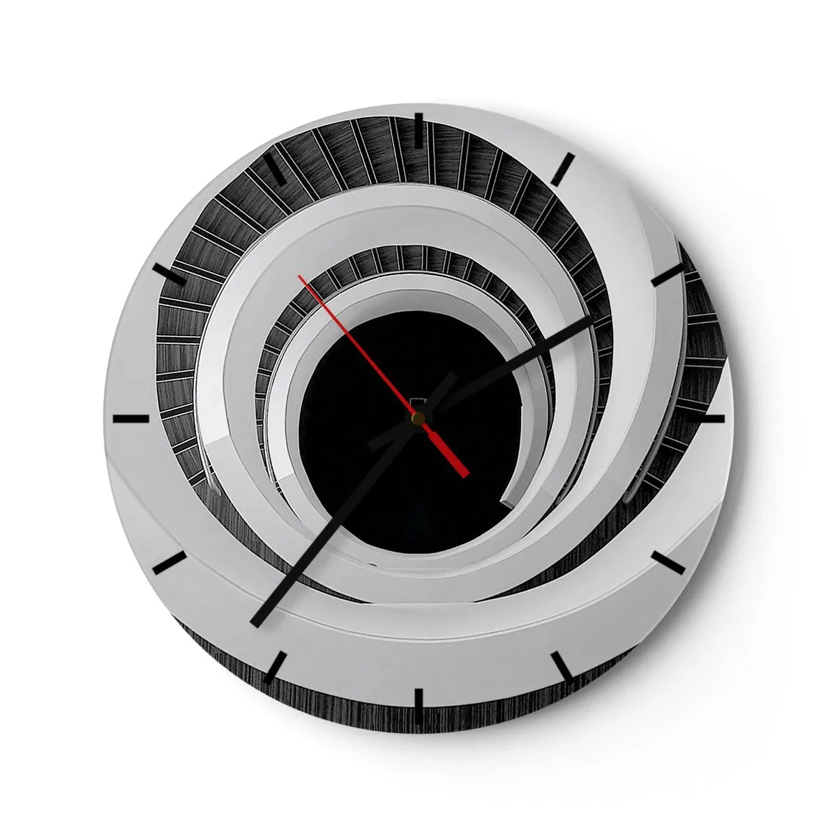 Ceas de perete - Ceas pe sticlă - Scară spiralată în stil alb-negru - 30x30cm - Până la miez - Decorațiune modernă pentru perete pentru living, bucătărie și dormitor ARTTOR