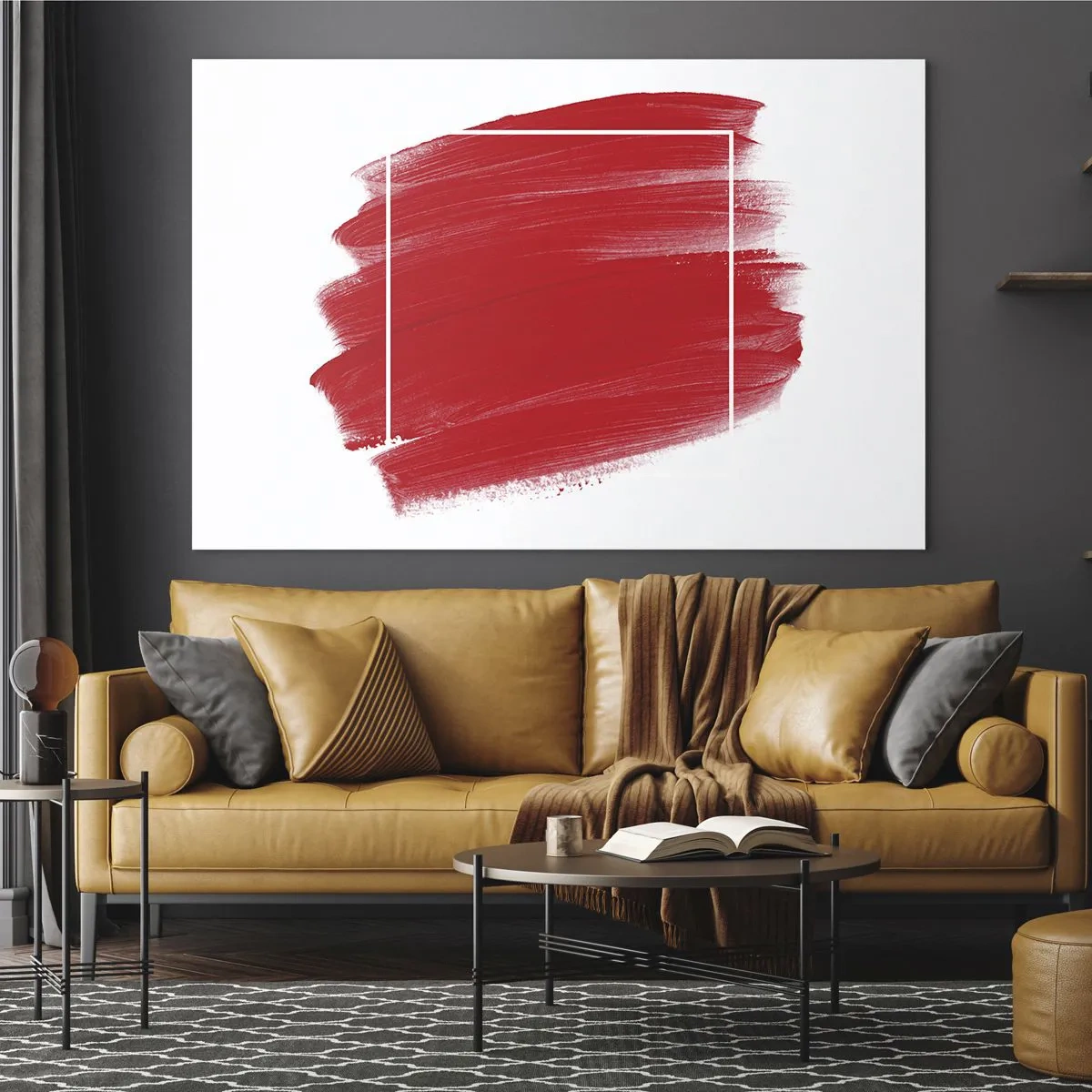 Tablou pe sticlă - Pată roșie abstractă cu o ramă albă - 70x50cm - În afara cadrului - Decorațiune modernă pentru perete pentru living și dormitor ARTTOR