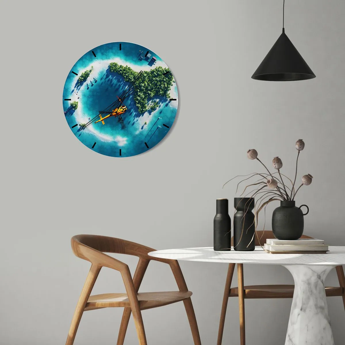 Ceas de perete - Ceas pe sticlă - Insulă tropicală cu elicopter peste apa turcoaz - 30x30cm - Cumpără-ți o insulă - Decorațiune modernă pentru perete pentru living, bucătărie și dormitor ARTTOR