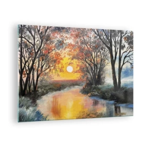 Tablou pe sticlă - Apus de soare peste râu printre copaci - 70x50cm - Atmosferă de toamnă - Decorațiune modernă pentru perete pentru living și dormitor ARTTOR