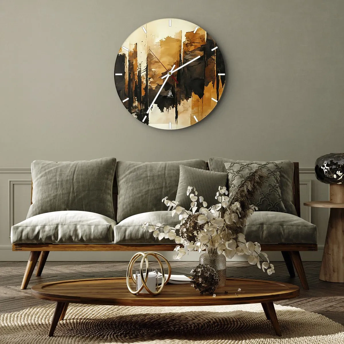 Ceas de perete - Ceas pe sticlă - Compoziție abstractă în nuanțe de negru și auriu - 30x30cm - Armonie de negru și auriu - Decorațiune modernă pentru perete pentru living, bucătărie și dormitor ARTTOR