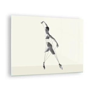 Tablou pe sticlă - Siluetă alb-negru a unei balerine cu motiv geometric - 70x50cm - Într-un teatru de lumină - Decorațiune modernă pentru perete pentru living și dormitor ARTTOR