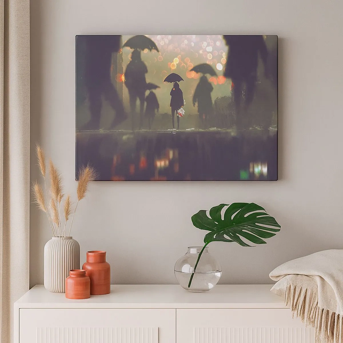 Tablou pe pânză Canvas - O figură cu o umbrelă într-o seară ploioasă printre luminile orașului - 70x50cm - Din perspectiva unei picături de ploaie - Decorațiune modernă pentru perete pentru living și dormitor ARTTOR