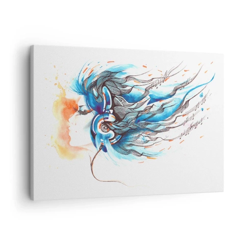 Tablou pe pânză Canvas - Grafică artistică a unei femei purtând căști cu accente muzicale - 70x50cm - Lasă muzica să curgă - Decorațiune modernă pentru perete pentru living și dormitor ARTTOR