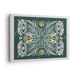 Tablou pe pânză Canvas - Model simetric de plante pe un fundal verde - 70x50cm - Ca un decupaj folcloric - Decorațiune modernă pentru perete pentru living și dormitor ARTTOR
