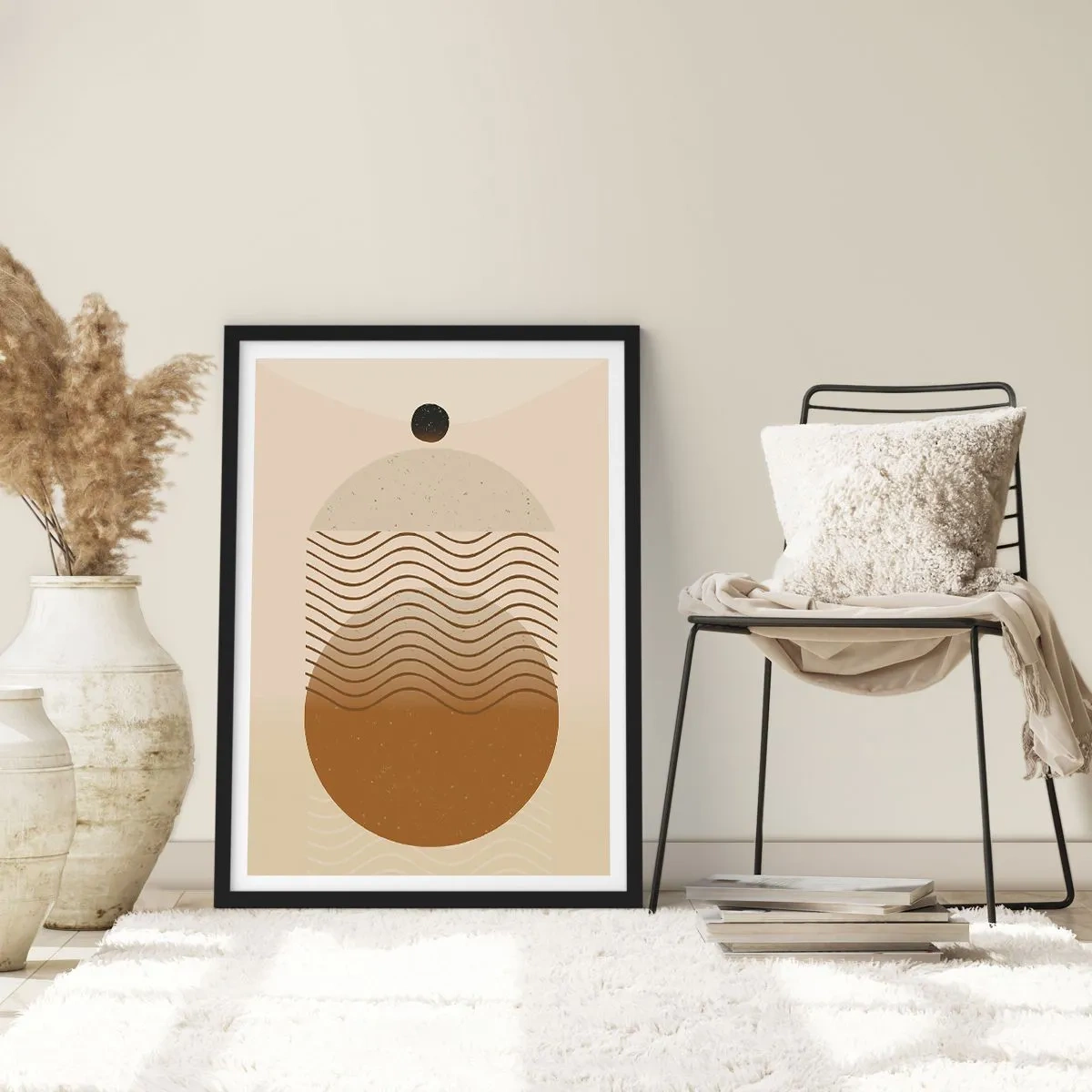 Poster în ramă neagră - Un model minimalist cu valuri și forme geometrice - 50x70cm - Despre originea figurilor geometrice - Decorațiune modernă pentru perete pentru living și dormitor ARTTOR