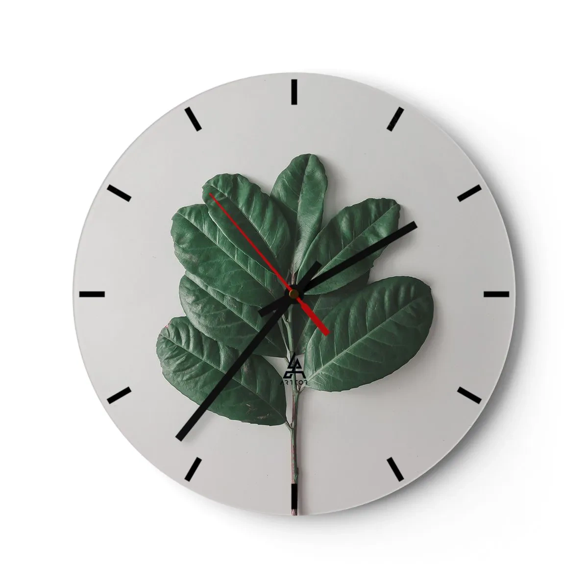 Ceas de perete - Ceas pe sticlă - O ramură verde cu frunze mari pe un fundal deschis - 30x30cm - Desenul naturii însăși - Decorațiune modernă pentru perete pentru living, bucătărie și dormitor ARTTOR