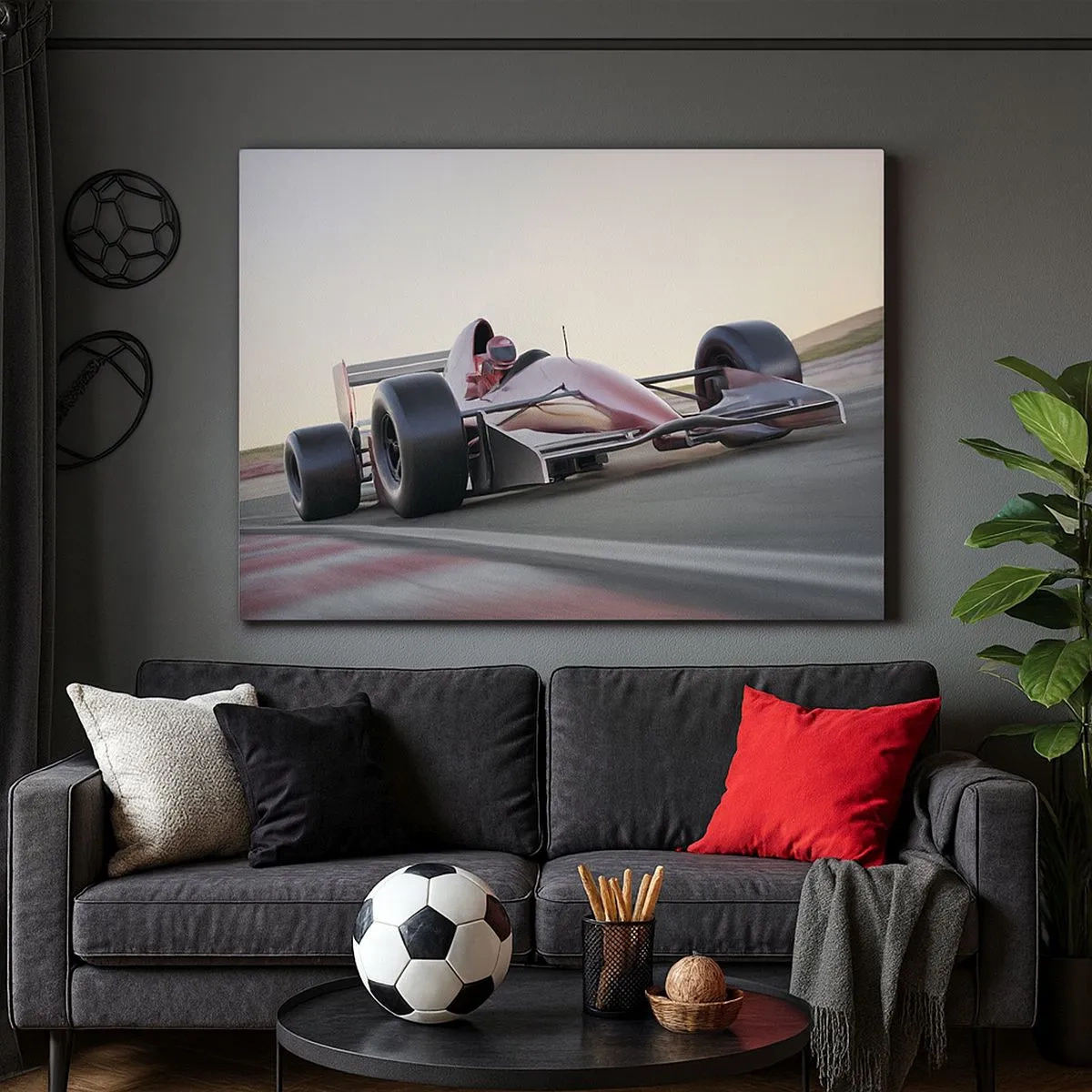 Tablou pe pânză Canvas - O mașină roșie de Formula 1 pe o pistă de curse în timp ce conduce - 70x50cm - Întotdeauna un câștigător - Decorațiune modernă pentru perete pentru living și dormitor ARTTOR