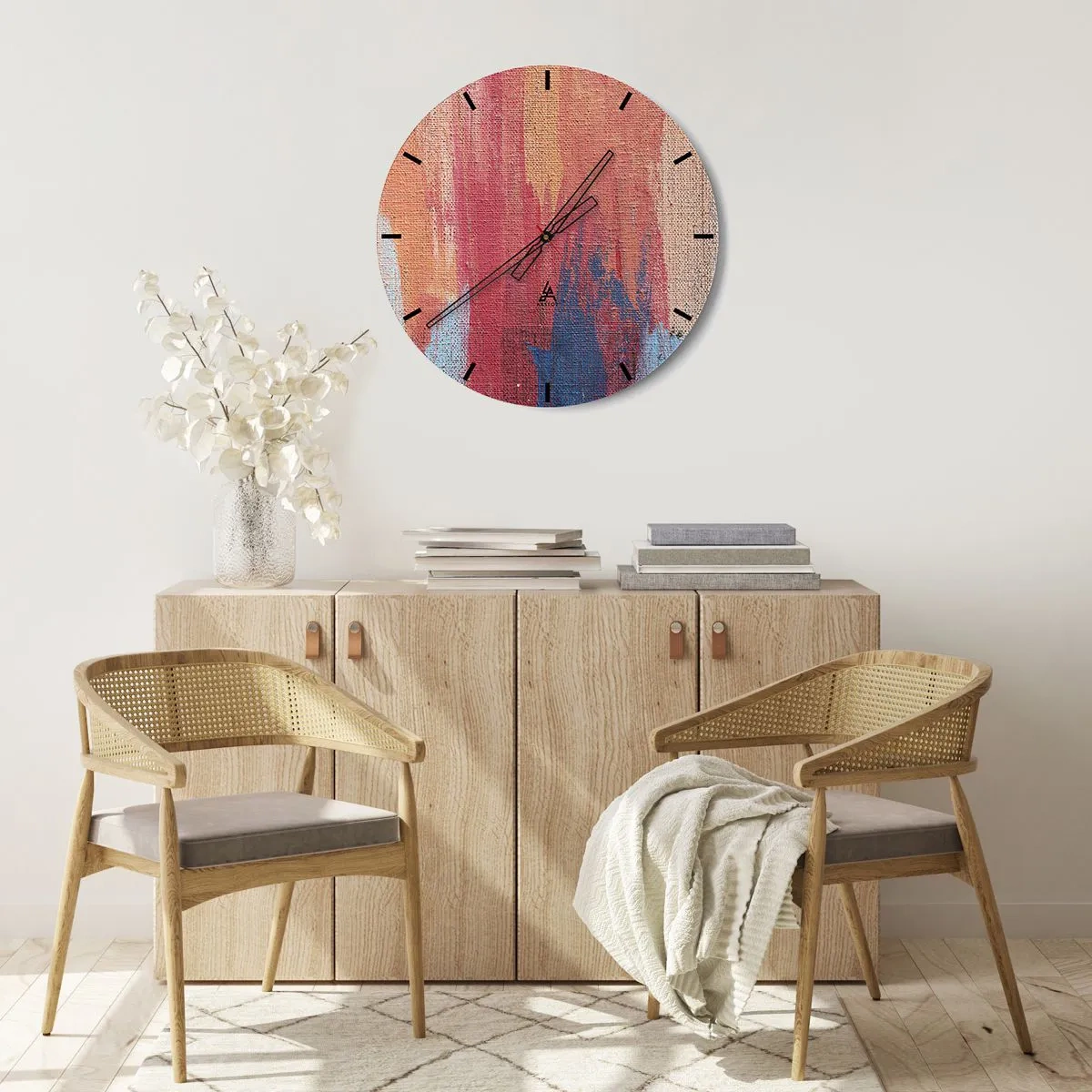 Ceas de perete - Ceas pe sticlă - Tușe colorate de vopsea pe textura pânzei - 30x30cm - Plutind prin curcubeu - Decorațiune modernă pentru perete pentru living, bucătărie și dormitor ARTTOR