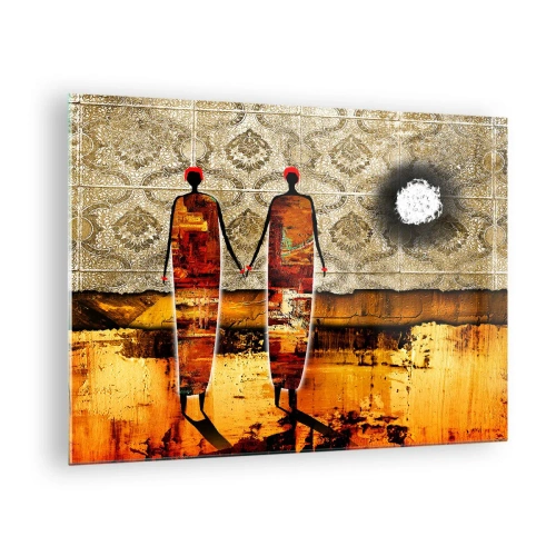 Tablou pe sticlă - Două figuri abstracte pe un fundal de ornament și nuanțe aurii - 70x50cm - Compoziție etnică în culorile Africii - Decorațiune modernă pentru perete pentru living și dormitor ARTTOR