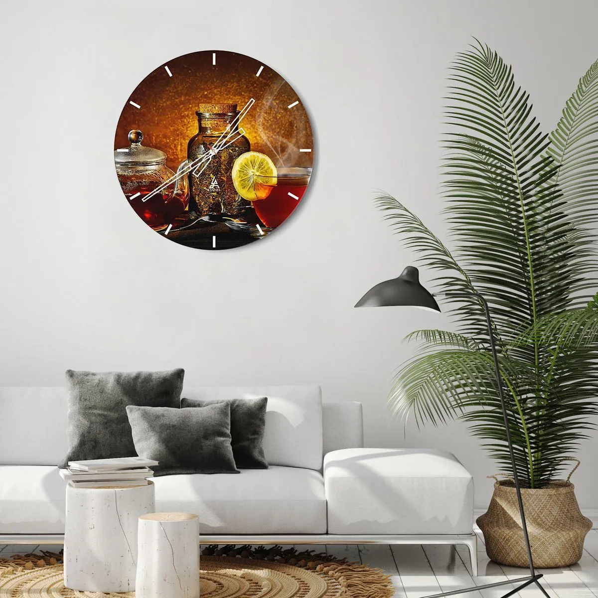 Ceas de perete - Ceas pe sticlă - Ceai cu lămâie și un borcan de ierburi uscate pe fundal auriu - 30x30cm - În stilul maeștrilor olandezi - Decorațiune modernă pentru perete pentru living, bucătărie și dormitor ARTTOR