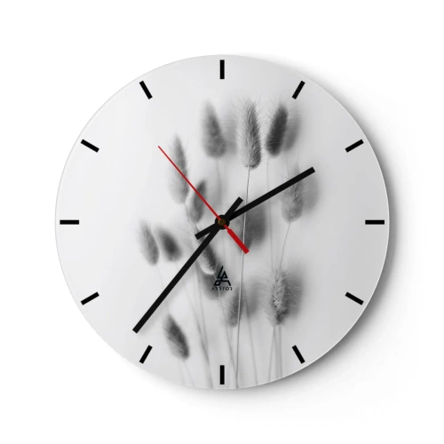 Ceas de perete - Ceas pe sticlă - Compoziție alb-negru cu ierburi pe un fundal deschis - 30x30cm - Pufoșenia ierbii - Decorațiune modernă pentru perete pentru living, bucătărie și dormitor ARTTOR