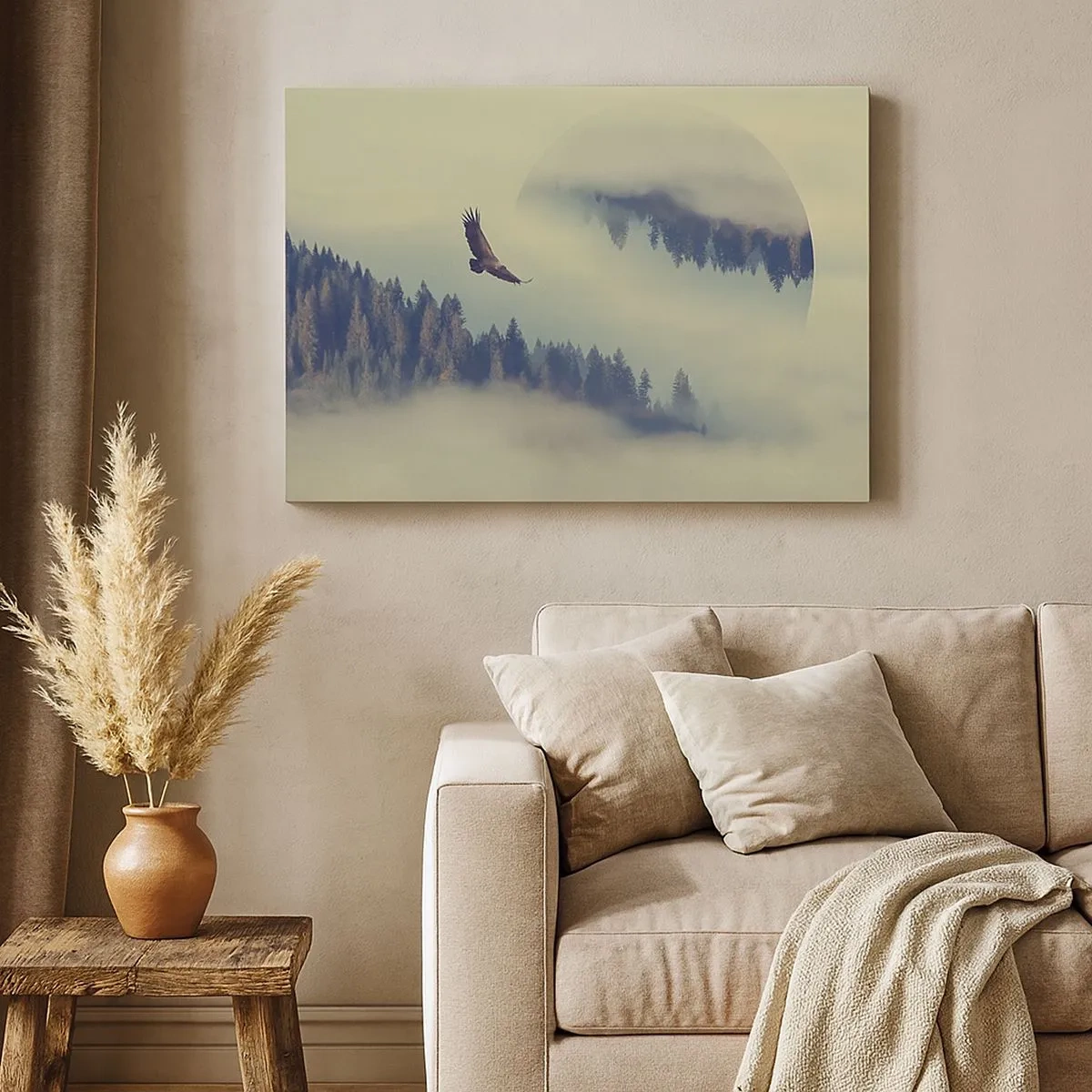 Tablou pe pânză Canvas - Un vultur în zbor pe fundalul unor munți învăluiți în ceață, cu un motiv circular artistic - 70x50cm - Am văzut umbra unui vultur - Decorațiune modernă pentru perete pentru living și dormitor ARTTOR