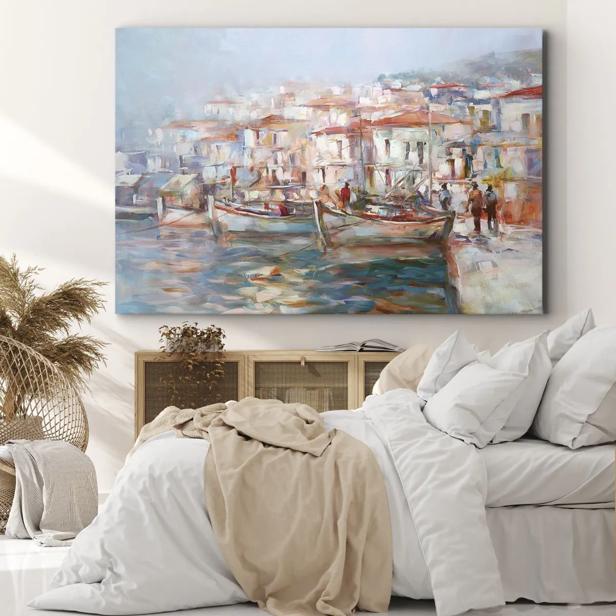 Tablou pe pânză Canvas - Impresie de port cu bărci și clădiri - 70x50cm - Vacanță pastelată - Decorațiune modernă pentru perete pentru living și dormitor ARTTOR