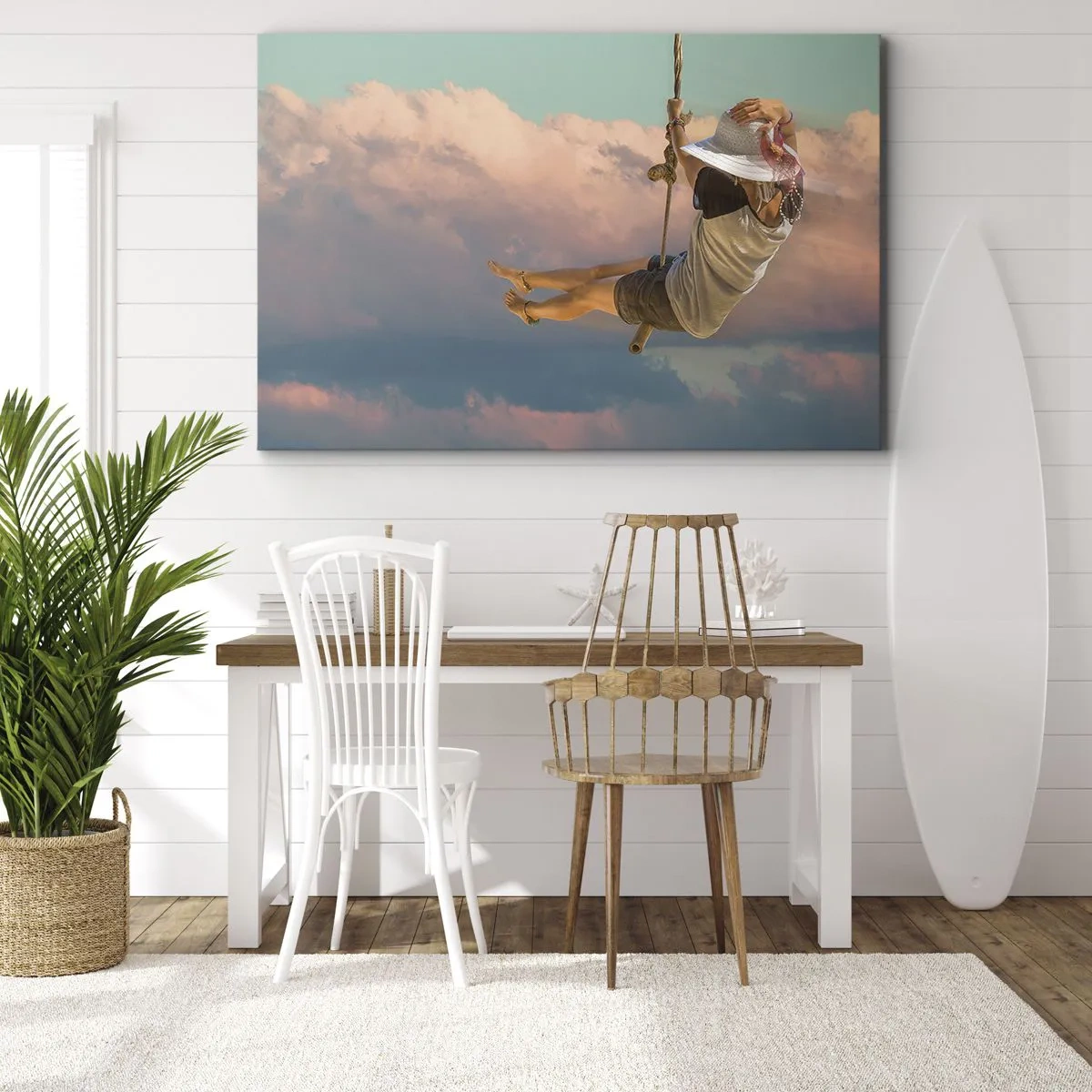 Tablou pe pânză Canvas - Femeie pe un leagăn printre nori roz - 70x50cm - Distracție în nori - Decorațiune modernă pentru perete pentru living și dormitor ARTTOR