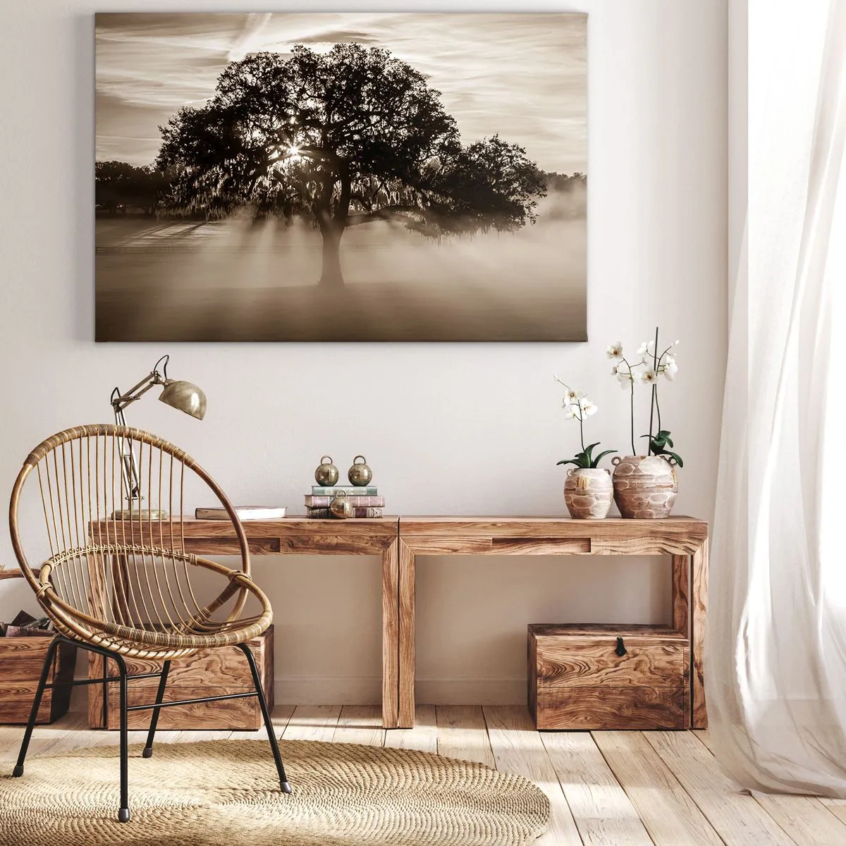 Tablou pe pânză Canvas - Raze de soare care strălucesc printr-un copac singuratic - 70x50cm - Un copac de vești bune - Decorațiune modernă pentru perete pentru living și dormitor ARTTOR