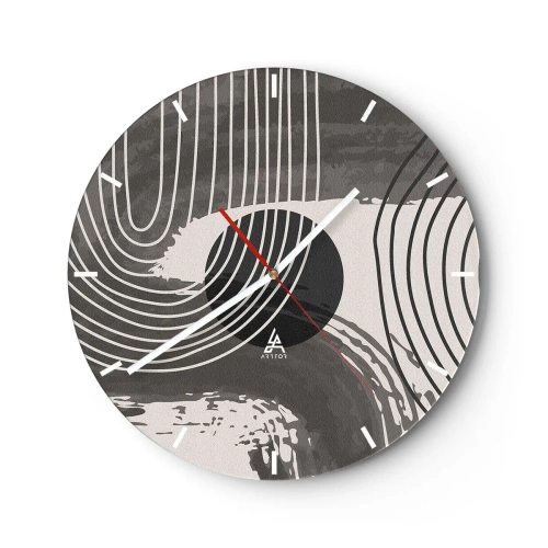 Ceas de perete - Ceas pe sticlă - Linii albe și negre într-un ritm ondulat care înconjoară un cerc negru - 30x30cm - Ovalul câștigă - Decorațiune modernă pentru perete pentru living, bucătărie și dormitor ARTTOR