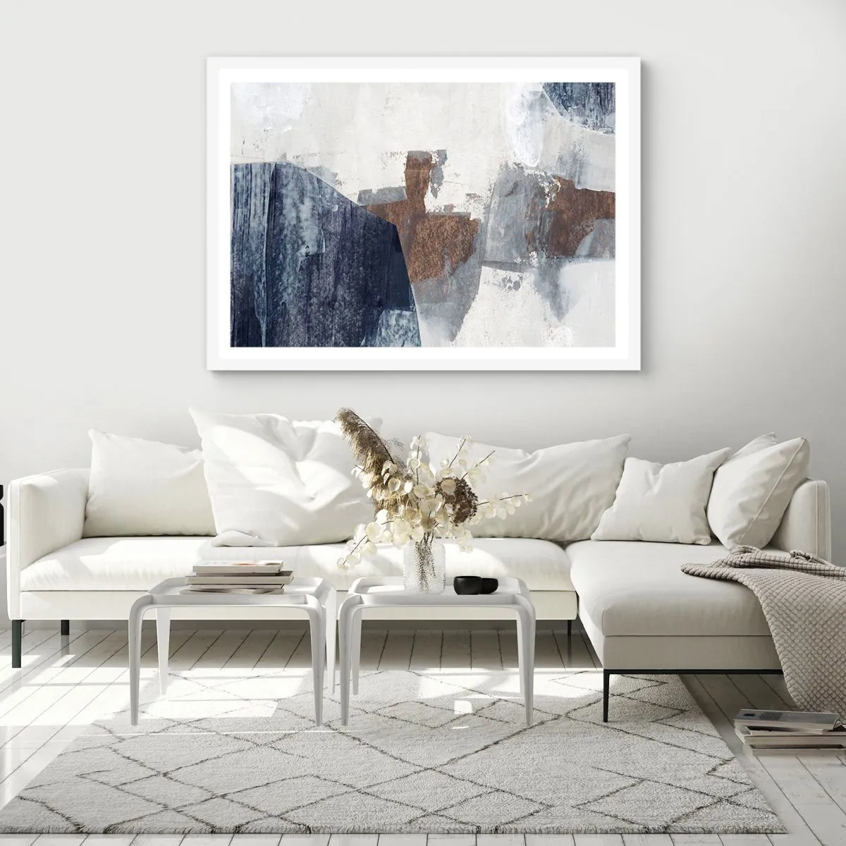 Poster în ramă albă - Forme albastre-maronii - 70x50 cm