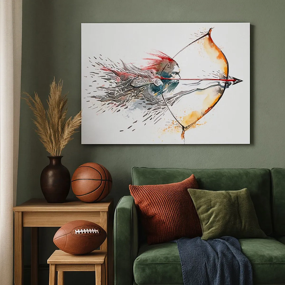 Tablou pe pânză Canvas - Pictură dinamică în acuarelă a unui războinic cu arc și săgeată - 70x50cm - Războinic mitic cu un arc de foc - Decorațiune modernă pentru perete pentru living și dormitor ARTTOR