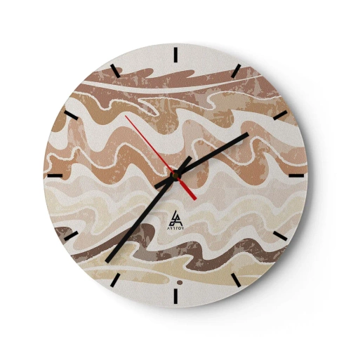Ceas de perete - Ceas pe sticlă - Linii ondulate în nuanțe calde, nisipoase - 30x30cm - Energie bună - emoții bune - Decorațiune modernă pentru perete pentru living, bucătărie și dormitor ARTTOR