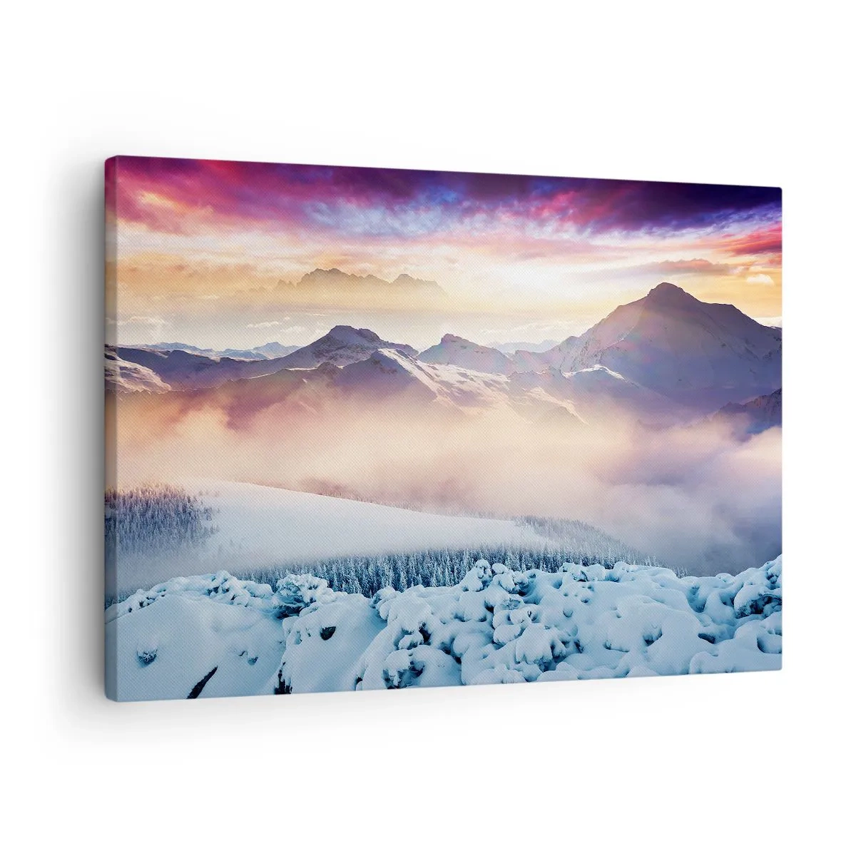 Tablou pe pânză Canvas - Munți acoperiți de zăpadă în zori, cu un cer colorat - 70x50cm - Forța și puritatea naturii - Decorațiune modernă pentru perete pentru living și dormitor ARTTOR