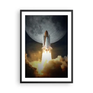 Poster în ramă neagră - Lansarea navetei spațiale cu Luna în fundal - 50x70cm - Începutul unei aventuri nepământene - Decorațiune modernă pentru perete pentru living și dormitor ARTTOR
