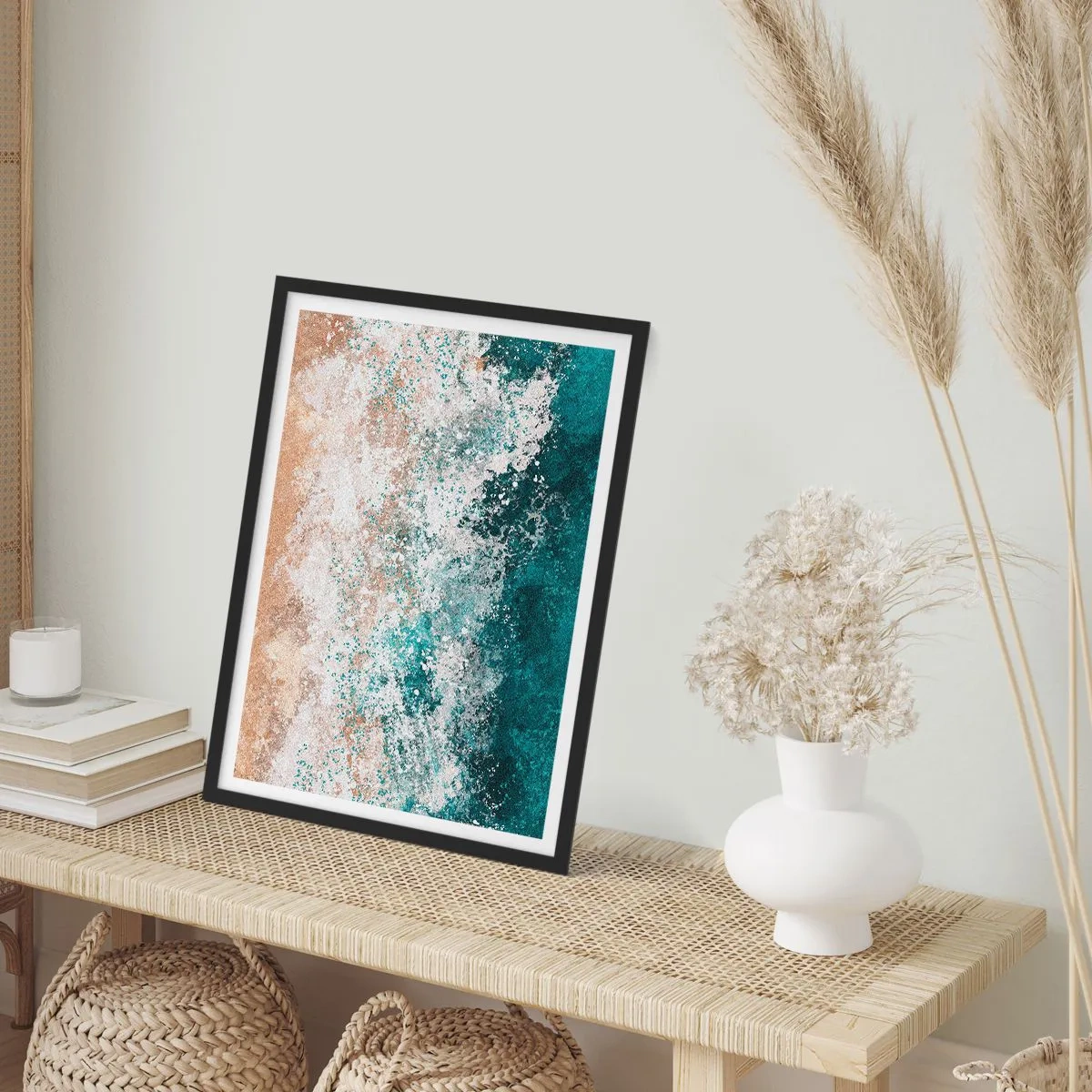 Poster în ramă neagră - Valuri abstracte ale mării în nuanțe de turcoaz și bej - 50x70cm - Povești despre mare - Decorațiune modernă pentru perete pentru living și dormitor ARTTOR