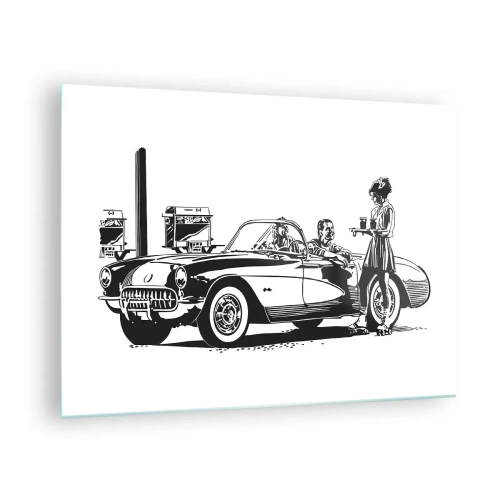Tablou pe sticlă - Grafică creativă cu o mașină clasică și personaje - 70x50cm - 60. - America fără griji - Decorațiune modernă pentru perete pentru living și dormitor ARTTOR