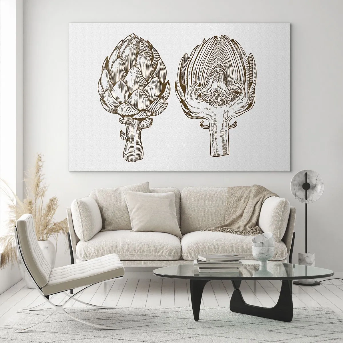 Tablou pe sticlă - Desen botanic al unei anghinare în întregime și în secțiune transversală - 70x50cm - Lecție de anatomie - Decorațiune modernă pentru perete pentru living și dormitor ARTTOR