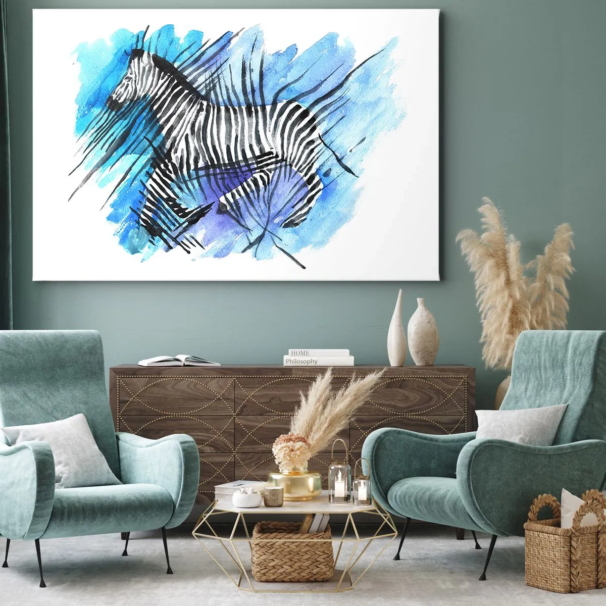 Tablou pe pânză Canvas - Ilustrație în acuarelă a unei zebre pe un cer albastru - 70x50cm - Ascunsă în dungi - Decorațiune modernă pentru perete pentru living și dormitor ARTTOR