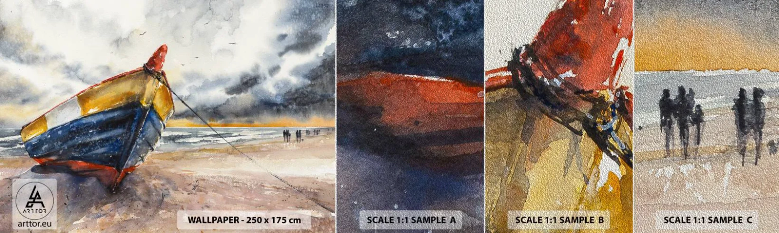 Mostră tapet Premium Sand - Se odihnește pe țărm - Peisaj, Barcă, Litoral - 100x30 cm