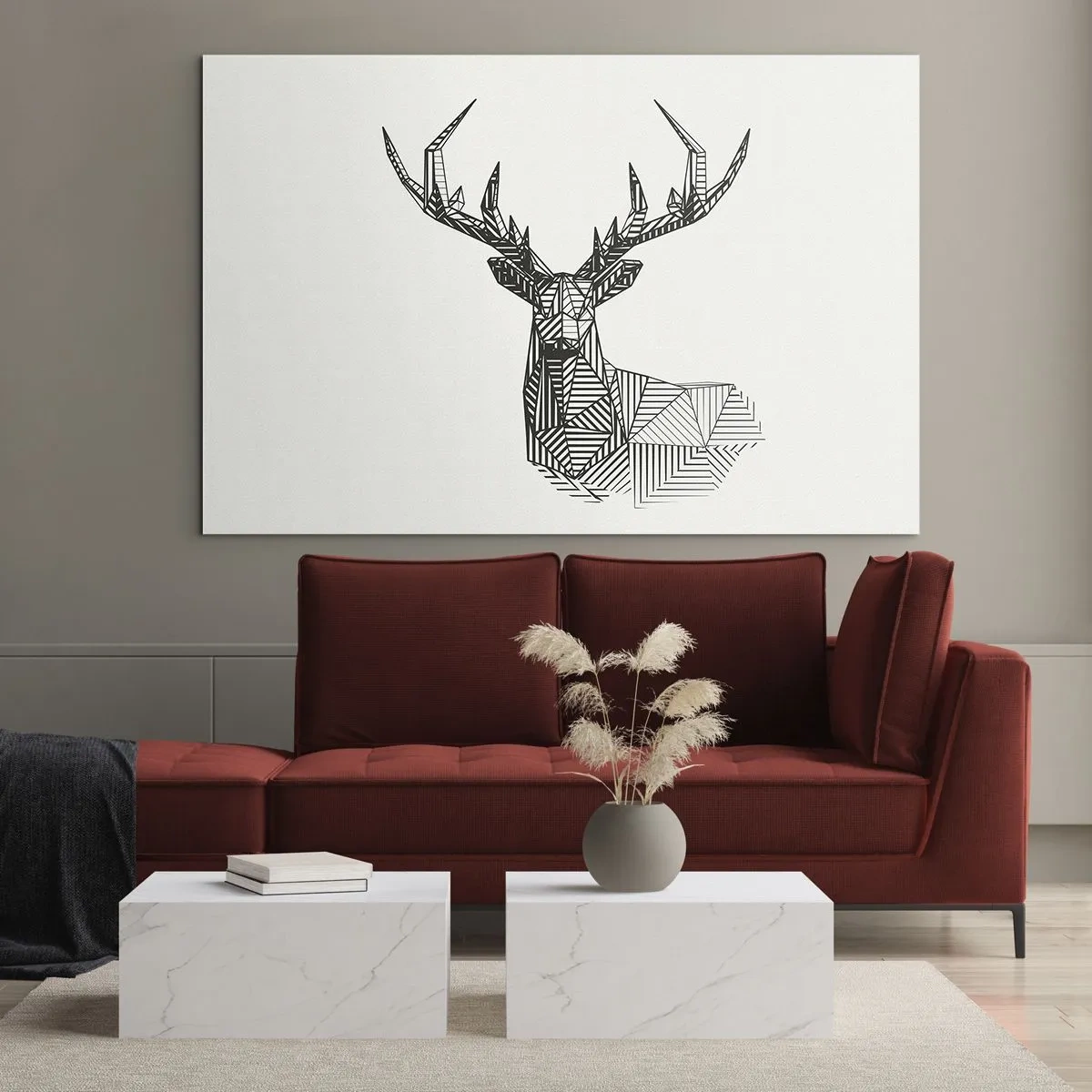 Tablou pe sticlă - Cerb cubist realizat din forme geometrice pe fundal alb - 70x50cm - Cerb în stil cubist - Decorațiune modernă pentru perete pentru living și dormitor ARTTOR
