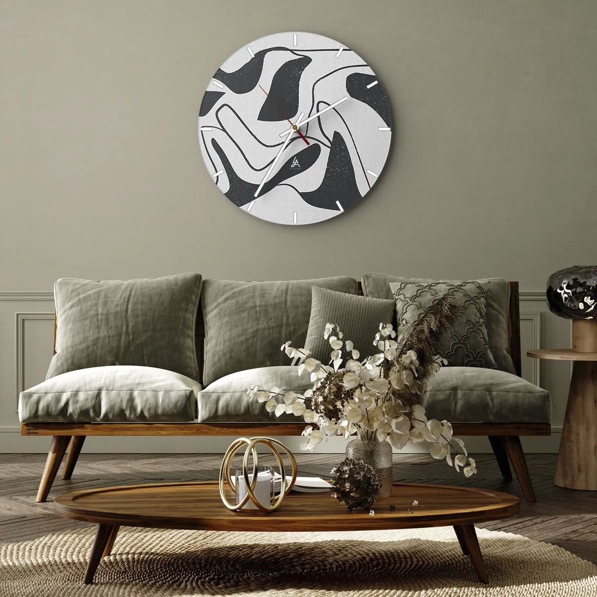 Ceas de perete - Ceas pe sticlă - Forme abstracte alb-negru într-un stil labirint - 30x30cm - Distracție abstractă în labirint - Decorațiune modernă pentru perete pentru living, bucătărie și dormitor ARTTOR