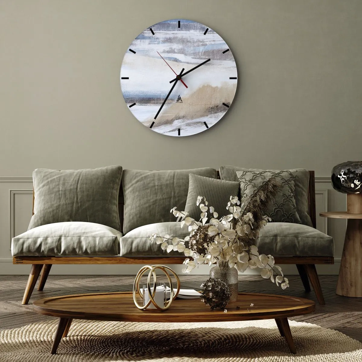 Ceas de perete - Ceas pe sticlă - Peisaj de iarnă în nuanțe de albastru, bej și alb - 30x30cm - Compoziție de iarnă - Decorațiune modernă pentru perete pentru living, bucătărie și dormitor ARTTOR