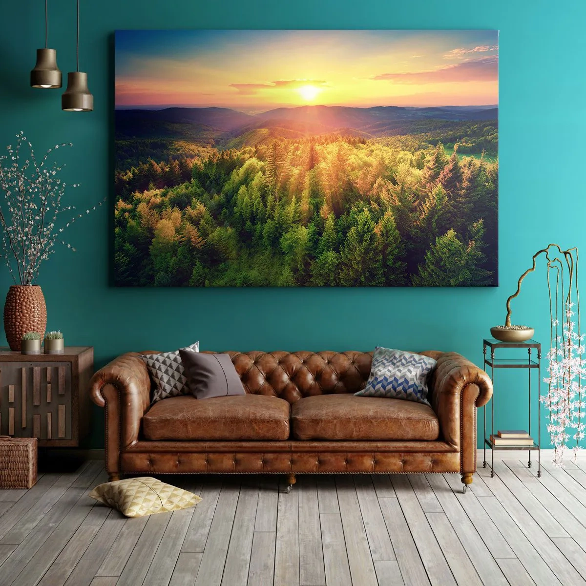 Tablou pe pânză Canvas - Peisaj forestier cu apus de soare peste dealuri - 70x50cm - Vârfuri și culmi - Decorațiune modernă pentru perete pentru living și dormitor ARTTOR