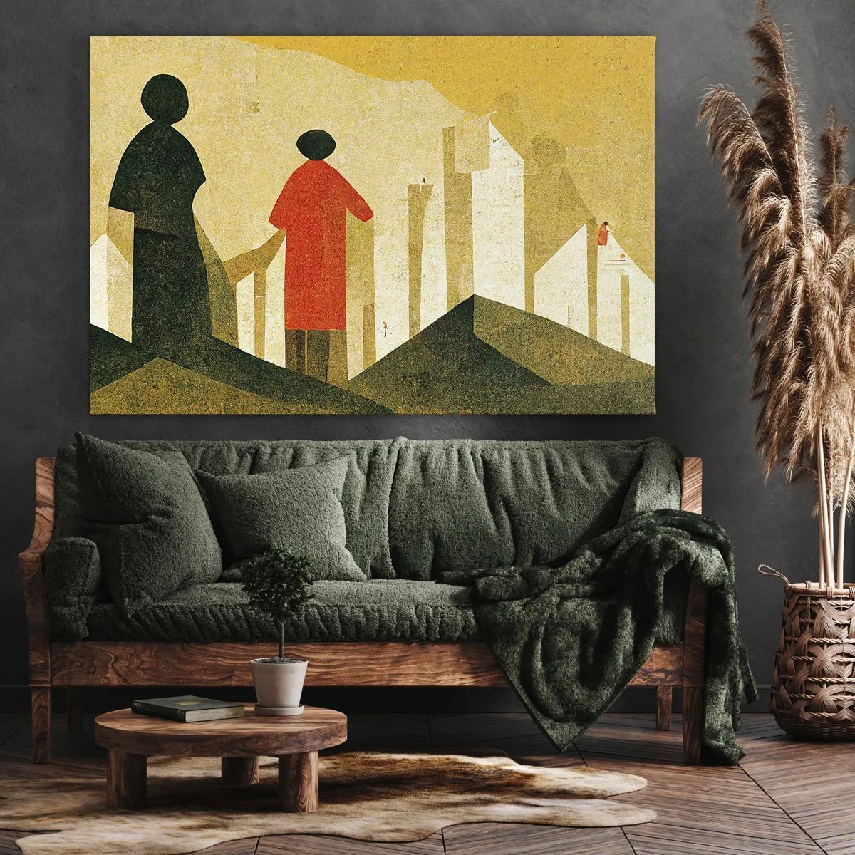 Tablou pe pânză Canvas - Siluete geometrice în roșu și verde pe un fundal galben - 70x50cm - Încă un drum lung de parcurs - Decorațiune modernă pentru perete pentru living și dormitor ARTTOR