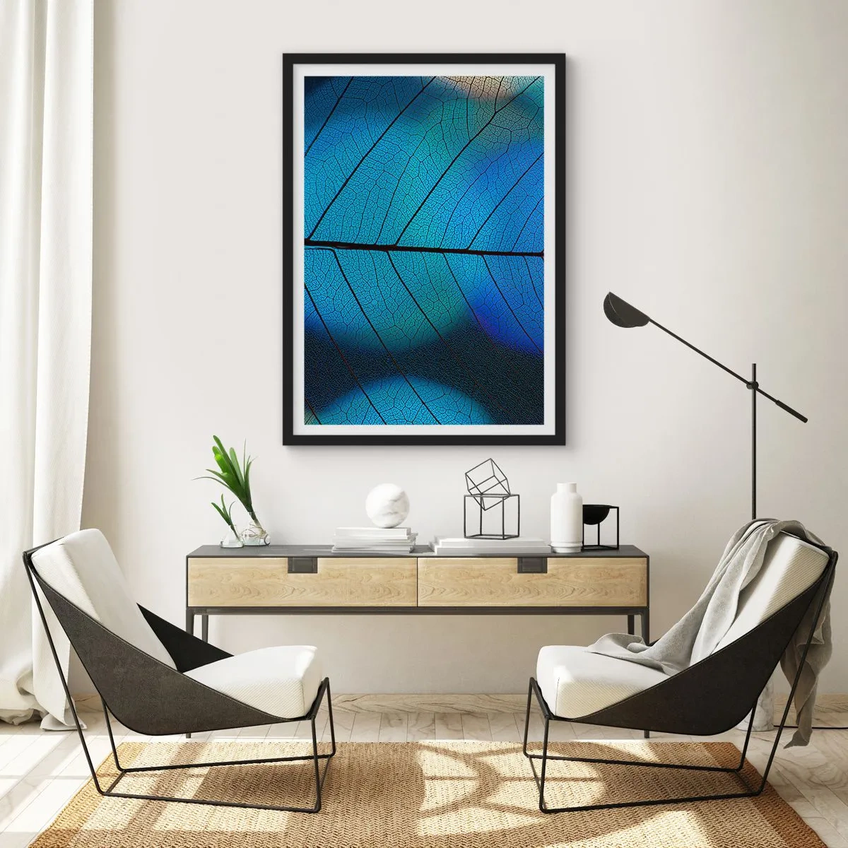 Poster în ramă neagră - Prim-plan al unei frunze albastre cu vene proeminente - 50x70cm - Construcție de finețe - Decorațiune modernă pentru perete pentru living și dormitor ARTTOR