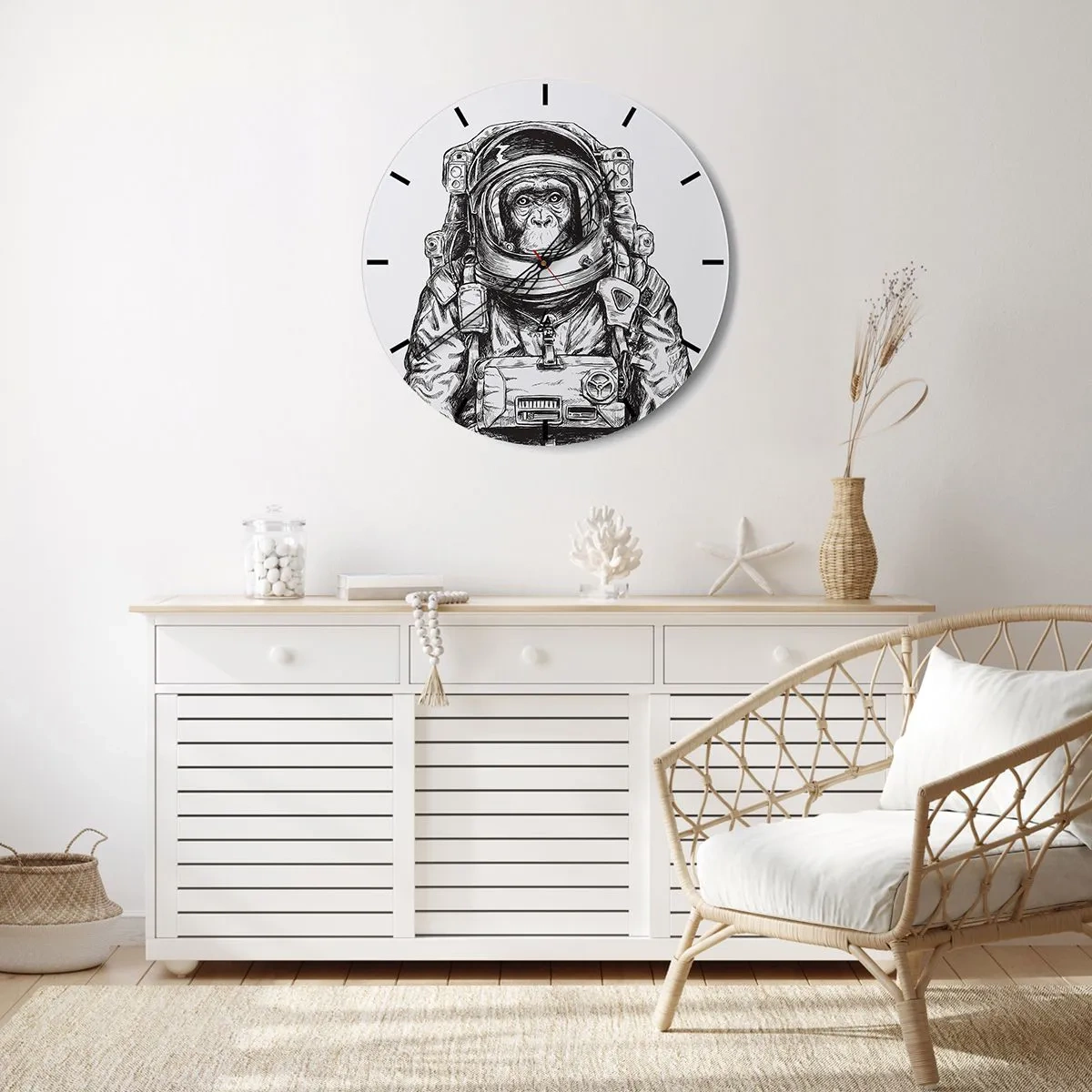 Ceas de perete - Ceas pe sticlă - O schiță alb-negru a unui astronaut maimuță. - 30x30cm - Evoluție alternativă - Decorațiune modernă pentru perete pentru living, bucătărie și dormitor ARTTOR