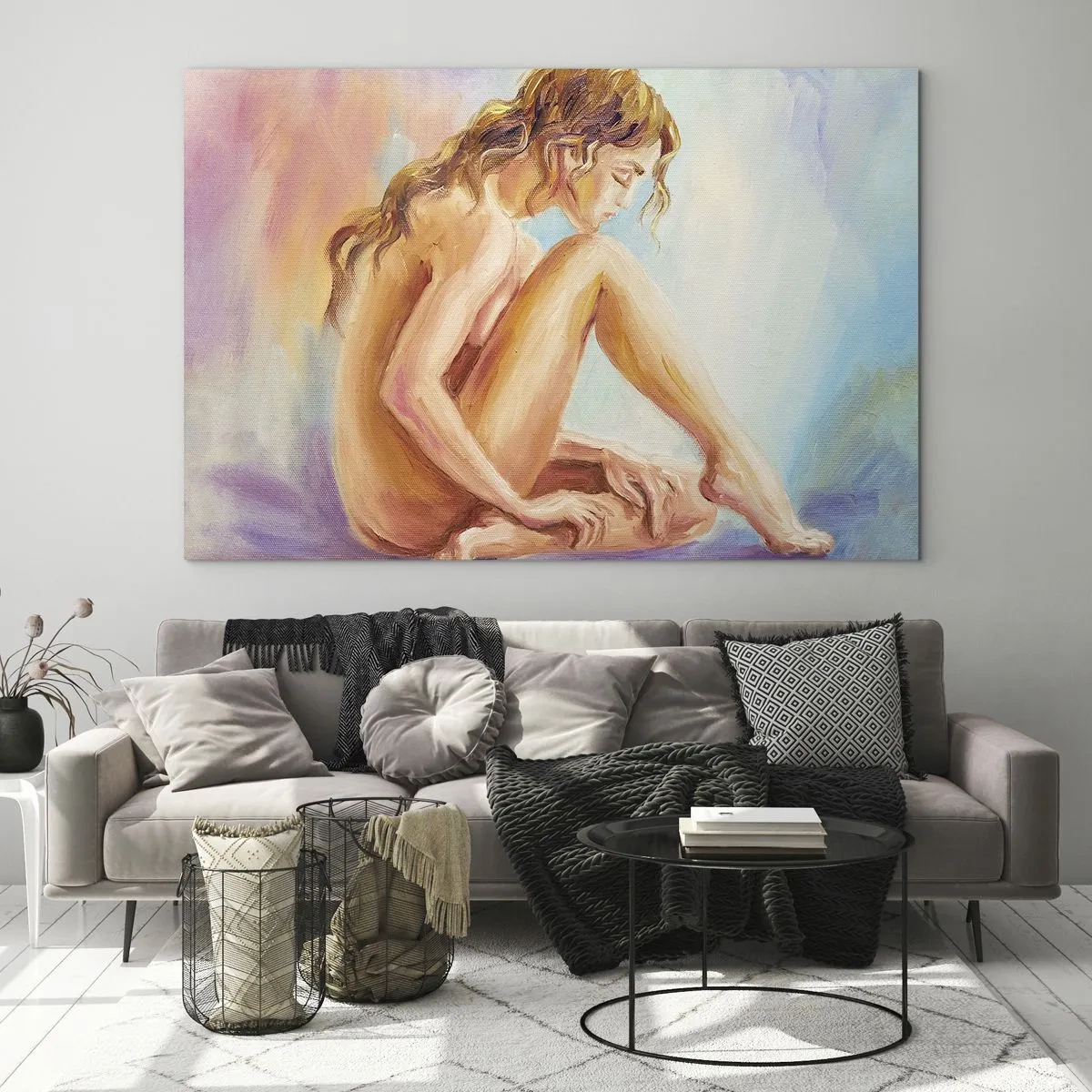 Tablou pe sticlă - O femeie în reflecție subtilă pe un fundal de culori pastelate - 70x50cm - Gest de tinerețe - Decorațiune modernă pentru perete pentru living și dormitor ARTTOR