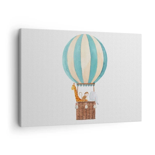 Tablou pe pânză Canvas - Un balon cu animale drăguțe în culori pastelate - 70x50cm - O călătorie fantastică - Decorațiune modernă pentru perete pentru living și dormitor ARTTOR