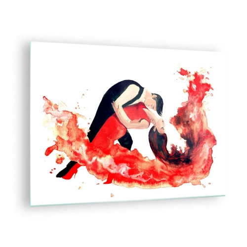 Tablou pe sticlă - Un cuplu dansând într-o compoziție dinamică în acuarelă roșie - 70x50cm - Tango - un val senzual - Decorațiune modernă pentru perete pentru living și dormitor ARTTOR