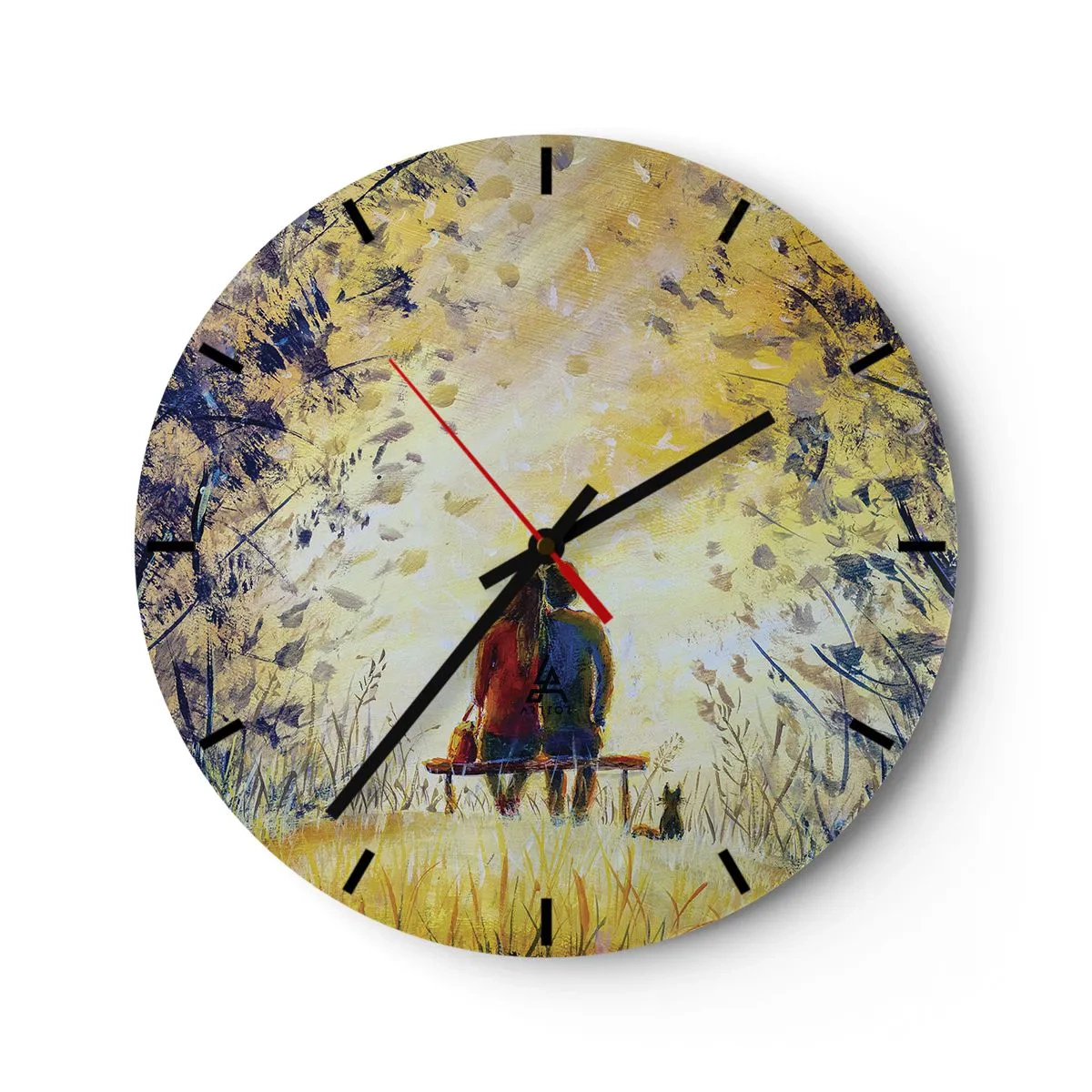 Ceas de perete - Ceas pe sticlă - Un cuplu stând pe o bancă în lumina aurie a naturii - 30x30cm - Un moment magic - Decorațiune modernă pentru perete pentru living, bucătărie și dormitor ARTTOR